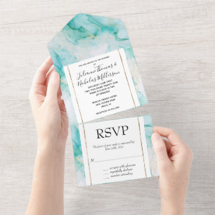 Invitation Tout En Un Mint Aqua Glam Elegant Marbre Or