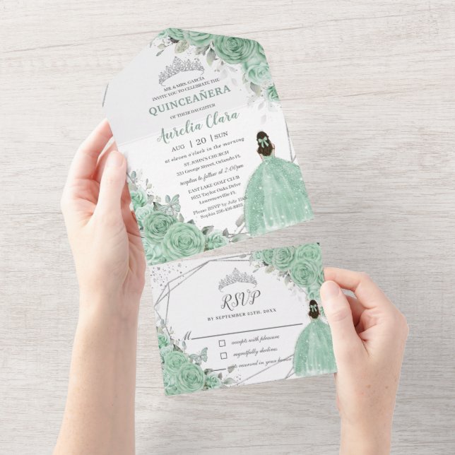 Invitation Tout En Un Mint Green Floral Princesse Silver Quinceañera 16 (Déchirure)