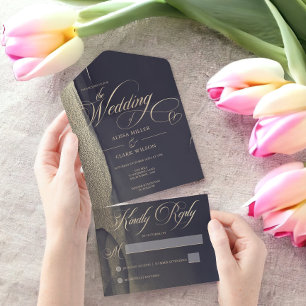 Invitation Tout En Un Minuit foncée Bleu & Or moderne Mariage peint