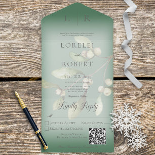 Invitation Tout En Un Mistletoe Moderne Pine vert QR Code