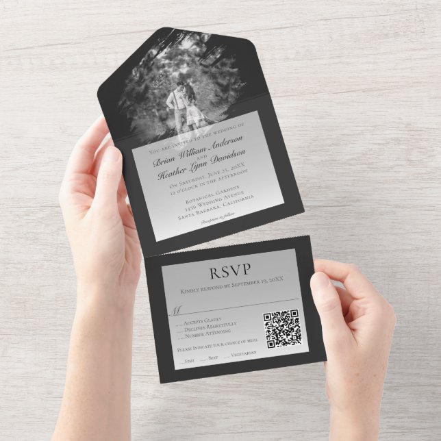 Invitation Tout En Un Modern Brushstroke Photo Wedding | Soft Black (Déchirure)