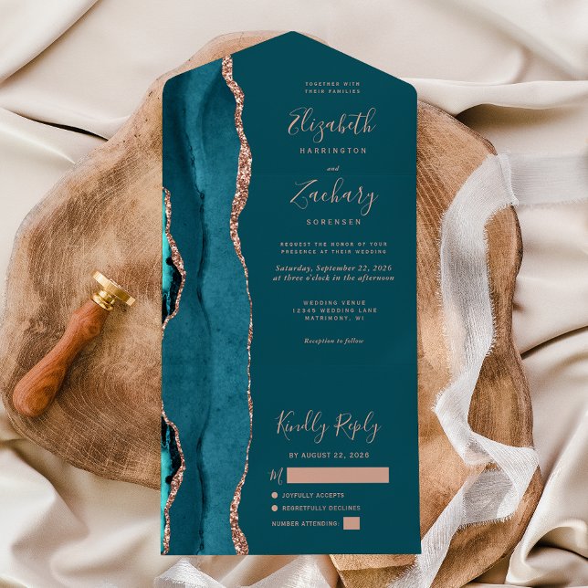 Invitation Tout En Un Modern Teal Blue Rose Gold Agate Wedding (Créateur téléchargé)