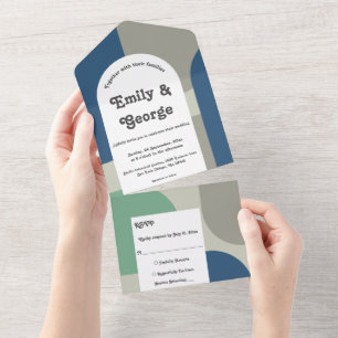 Invitation Tout En Un Moderne Bleu Vert Gris Rétro Mariage d'art Abstrai