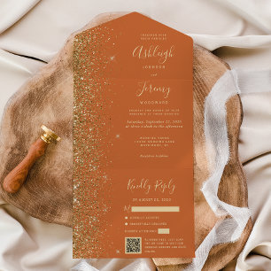Invitation Tout En Un Moderne Burnt Orange Gold Parties scintillant QR C
