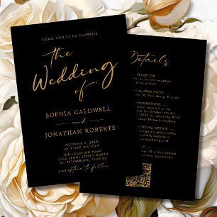 Invitation Tout en un Moderne Calligraphie Or Noir Mariage