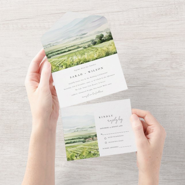 Invitation Tout En Un Moderne Chic Aquarelle Vignoble Paysage Mariage (Déchirure)