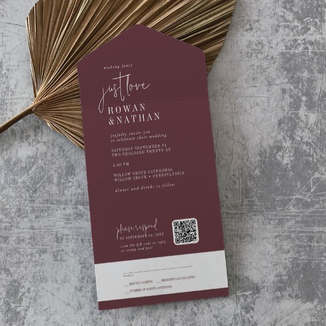 Invitation Tout En Un Moderne Chic Bourgogne Just Love QR Code Mariage (Créateur téléchargé)