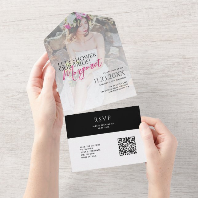 Invitation Tout En Un Moderne Chic Douche Notre Mariée Photo Code QR (Déchirure)