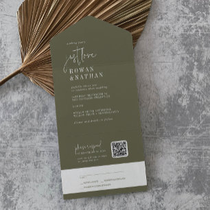 Invitation Tout En Un Moderne Chic Olive Green Just Love QR Code Mariage
