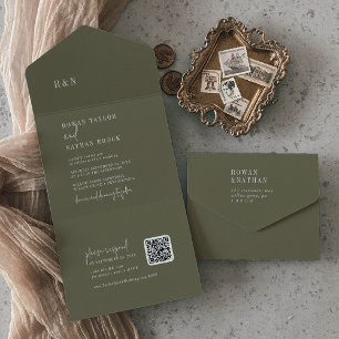Invitation Tout En Un Moderne Chic Olive Vert QR Monogramme Mariage