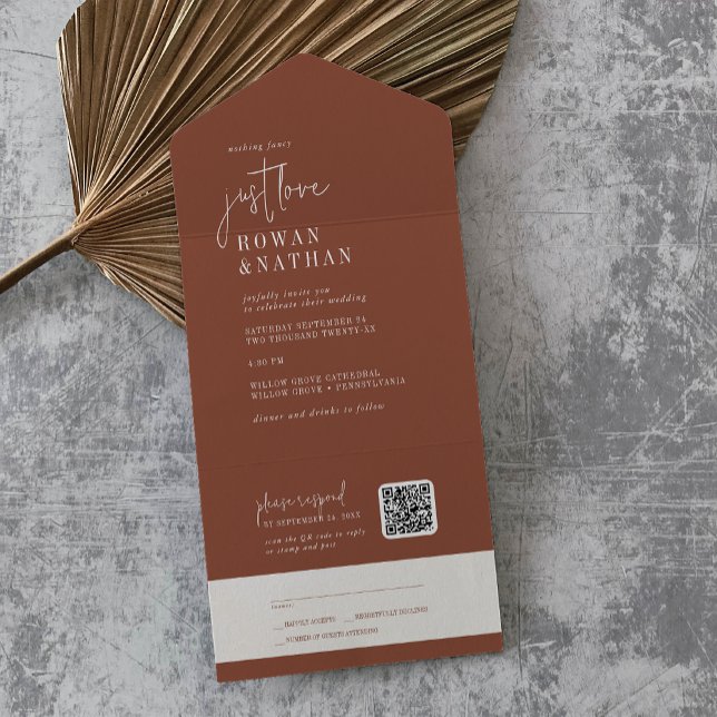 Invitation Tout En Un Moderne Chic Terracotta Just Love QR Code Mariage (Créateur téléchargé)