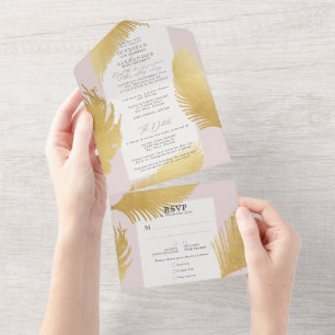 Invitation Tout En Un Moderne Chic Tropical Gold Palm Soft Pink Mariage