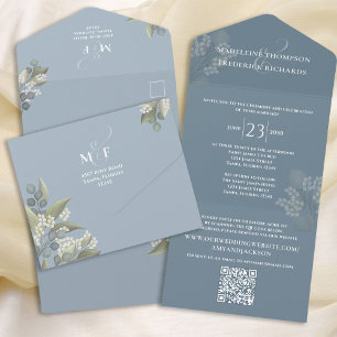 Invitation Tout En Un Moderne Dusty Blue Floral Minimaliste QR Code RSVP