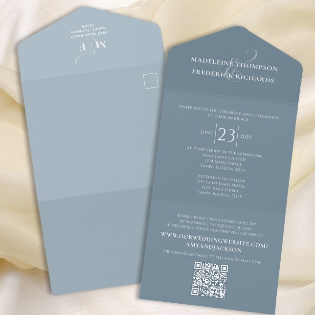Invitation Tout En Un Moderne Dusty Blue Simple Minimaliste QR Code RSVP (Créateur téléchargé)