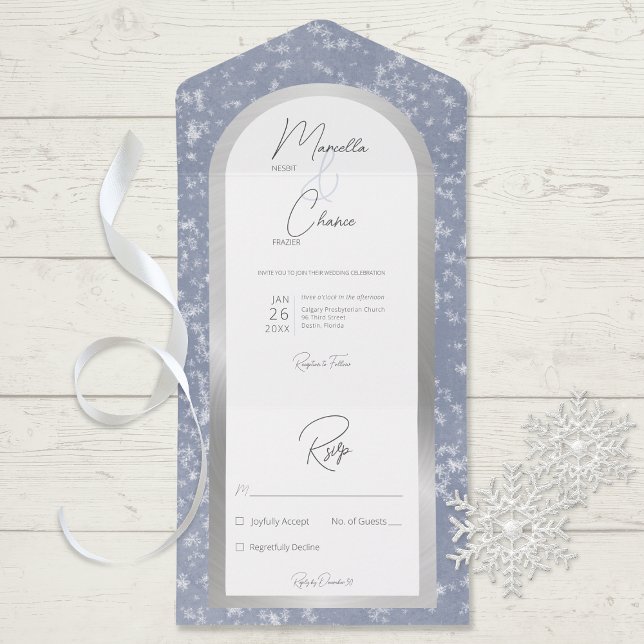 Invitation Tout En Un Moderne Dusty Blue & Snow Silver Foil No Dinner (Créateur téléchargé)