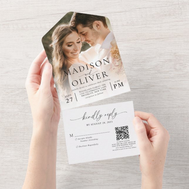 Invitation Tout En Un Moderne Elegant Classic QR Code Mariage photo (Déchirure)