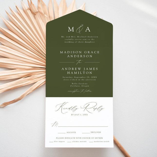 Invitation Tout En Un Moderne Élégant Monogramme Olive Green Mariage (Créateur téléchargé)