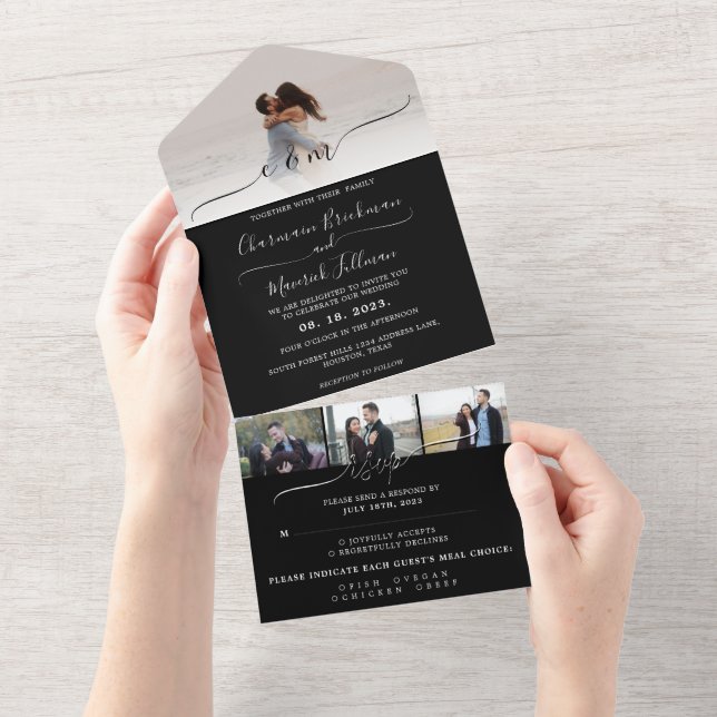 Invitation Tout En Un Moderne Elegant noir et blanc / Photo Mariage RSVP (Déchirure)