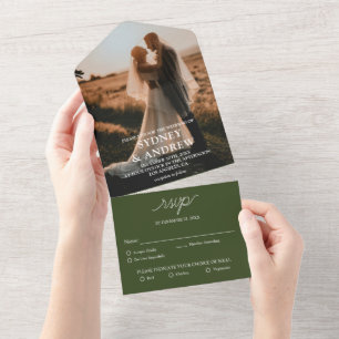 Invitation Tout En Un Moderne Elegant Olive Green Photo RSVP Mariage