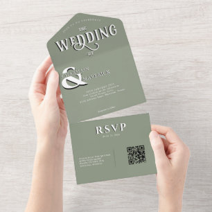 Invitation Tout En Un Moderne Elegant Sage Green QR Code Mariage