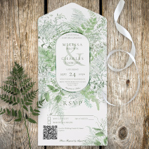Invitation Tout En Un Moderne Fern Green Foliing Blanc QR Code