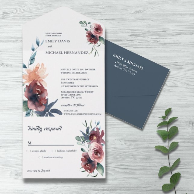 Invitation Tout En Un Moderne Floral Bourgogne Marine Peach Blush (Créateur téléchargé)