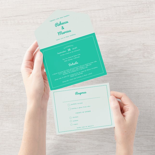 Invitation Tout En Un Moderne Gras Emerald Mint Green Retro Vibes Mariag (Déchirure)
