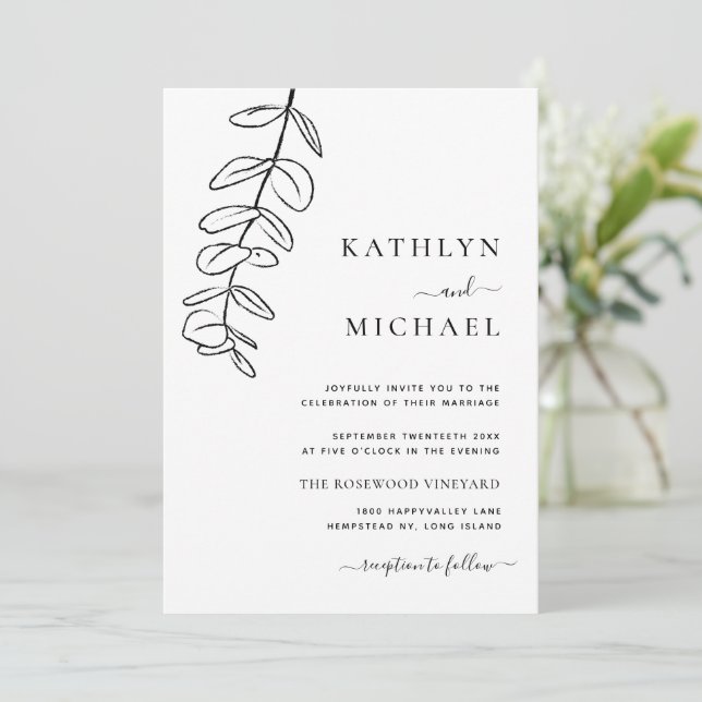 Invitation Tout en un moderne ligne Eucalyptus Mariage d'art (Debout devant)