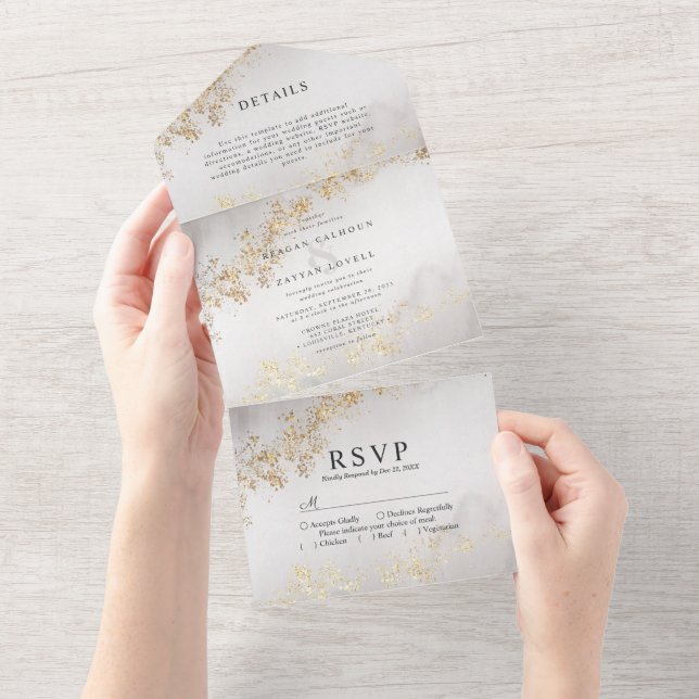 Invitation Tout En Un Moderne Luxe Gold Flecks Gris Aquarelle Mariage (Déchirure)