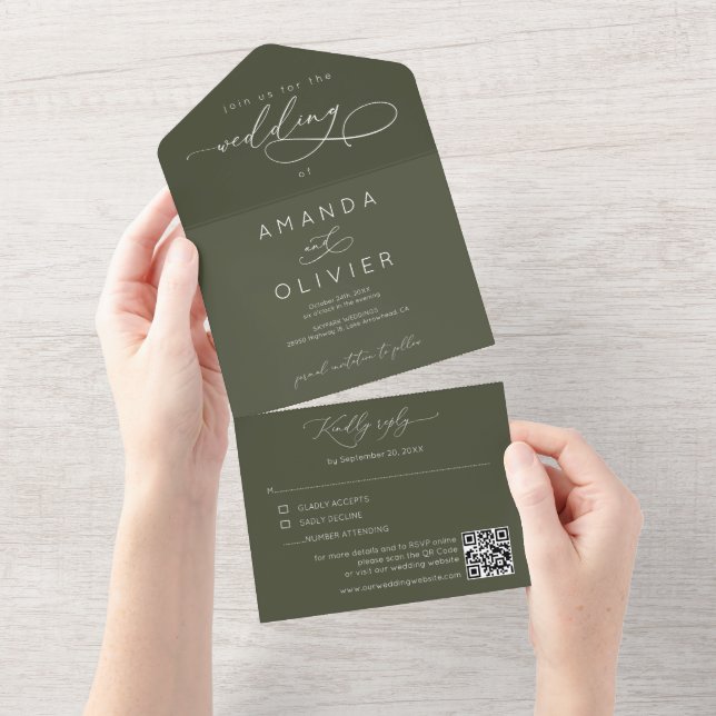 Invitation Tout En Un Moderne Mariage Élégant Chic Calligraphie Vert fon (Déchirure)