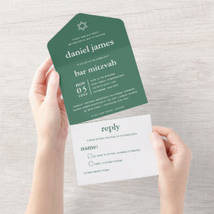 Invitation Tout En Un Moderne Mitzvah Vert profond TOUT EN UNE INVITATIO