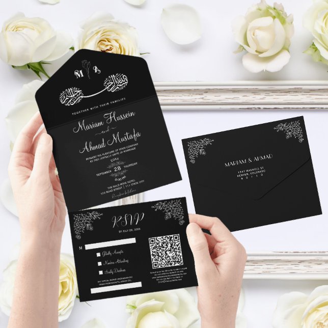 Invitation Tout En Un Moderne Nikah Florale Islamique Minimaliste Noir & (All in One Modern Islamic Wedding Invitation)