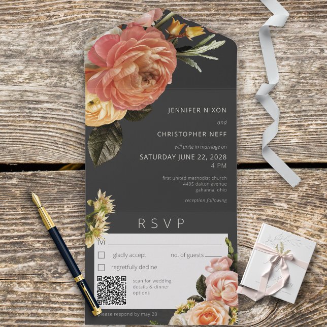 Invitation Tout En Un Moderne Peach Mimosa Floral Black QR Code (Créateur téléchargé)