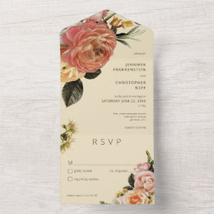 Invitation Tout En Un Moderne Pêche Mimosa Floral Vert