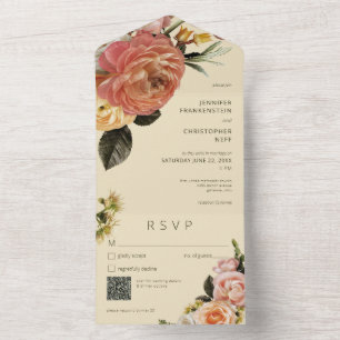 Invitation Tout En Un Moderne Pêche Mimosa Floral Vert QR Code