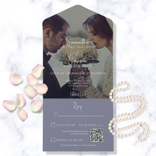 Invitation Tout En Un Moderne Périwinkle violet élégant Photo Code QR