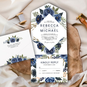 Invitation Tout En Un Moderne Rustique Mariage floral couleur bleu marin