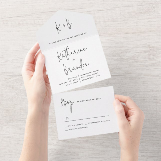 Invitation Tout En Un Moderne Script Calligraphie Monogramme Mariage (Déchirure)