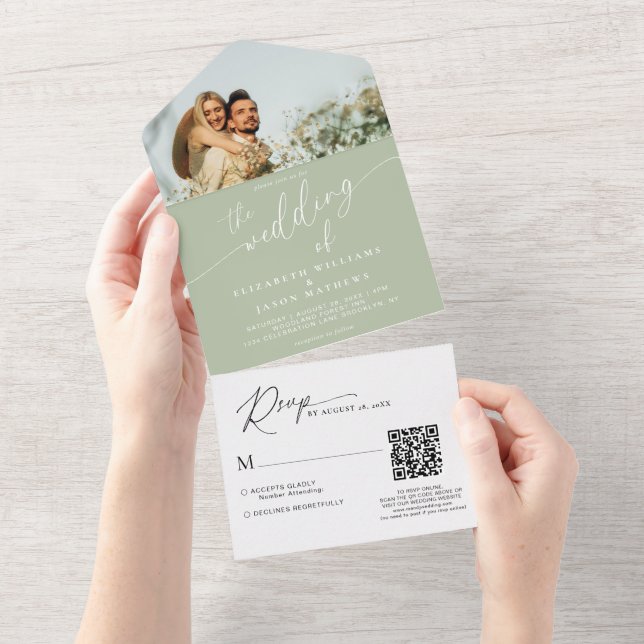 Invitation Tout En Un Moderne Script Sage Green Photo QR Code Mariage (Déchirure)