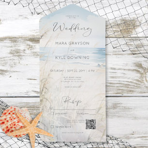 Invitation Tout En Un Moderne Seaside Watercolor Beach QR Code