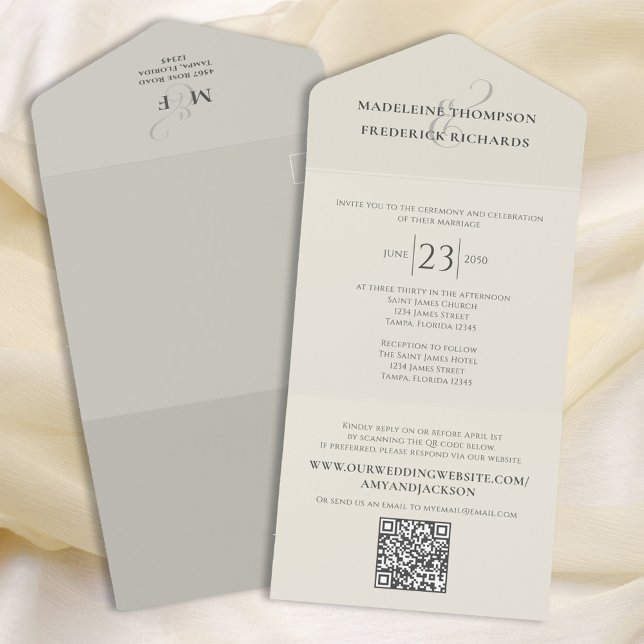 Invitation Tout En Un Moderne Simple Minimaliste Vert Sauge | Réponse QR (Créateur téléchargé)