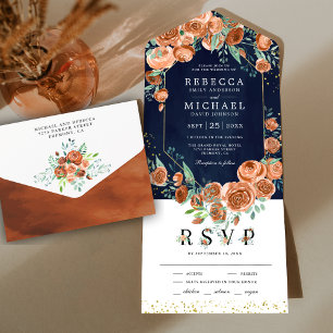 Invitation Tout En Un Moderne Terre Cuite Orange Florale Mariage Navy