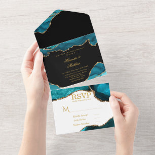 Invitation Tout En Un Moderne Turquoise et doré Agate Mariage en pierre