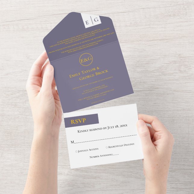 Invitation Tout En Un Moins Rétro violet or Monogramme Classy Mariage (Déchirure)