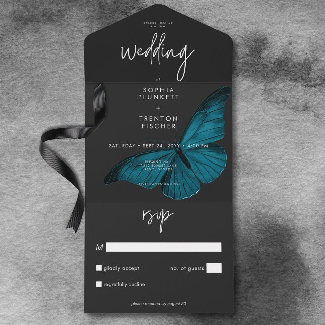 Invitation Tout En Un Moisi foncé Moisi Turquoise Mois Pas de Mariage (Dark Moody Minimal Teal Moth No Dinner Wedding All In One Invitation)