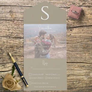 Invitation Tout En Un Monogram Modern Photo Kaki Tanné Dîner