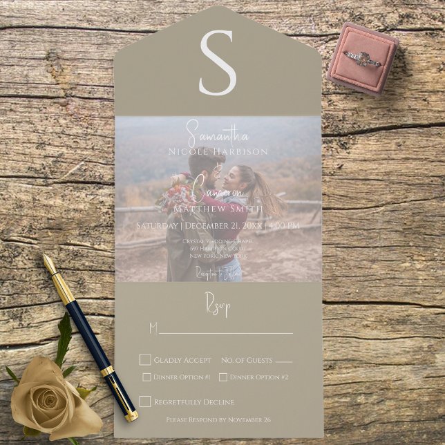 Invitation Tout En Un Monogram Modern Photo Kaki Tanné Dîner (Créateur téléchargé)