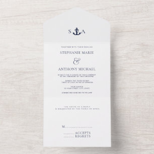 Invitation Tout En Un Monogramme blanc, bleu marine Mariage d'Ancres nau