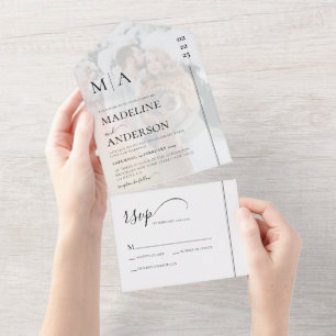 Invitation Tout En Un Monogramme Blanc Noir avec Mariage photo superposé