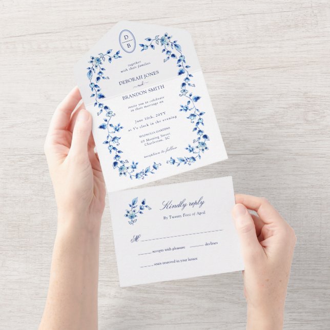 Invitation Tout En Un Monogramme Bleu et blanc Delft (Déchirure)